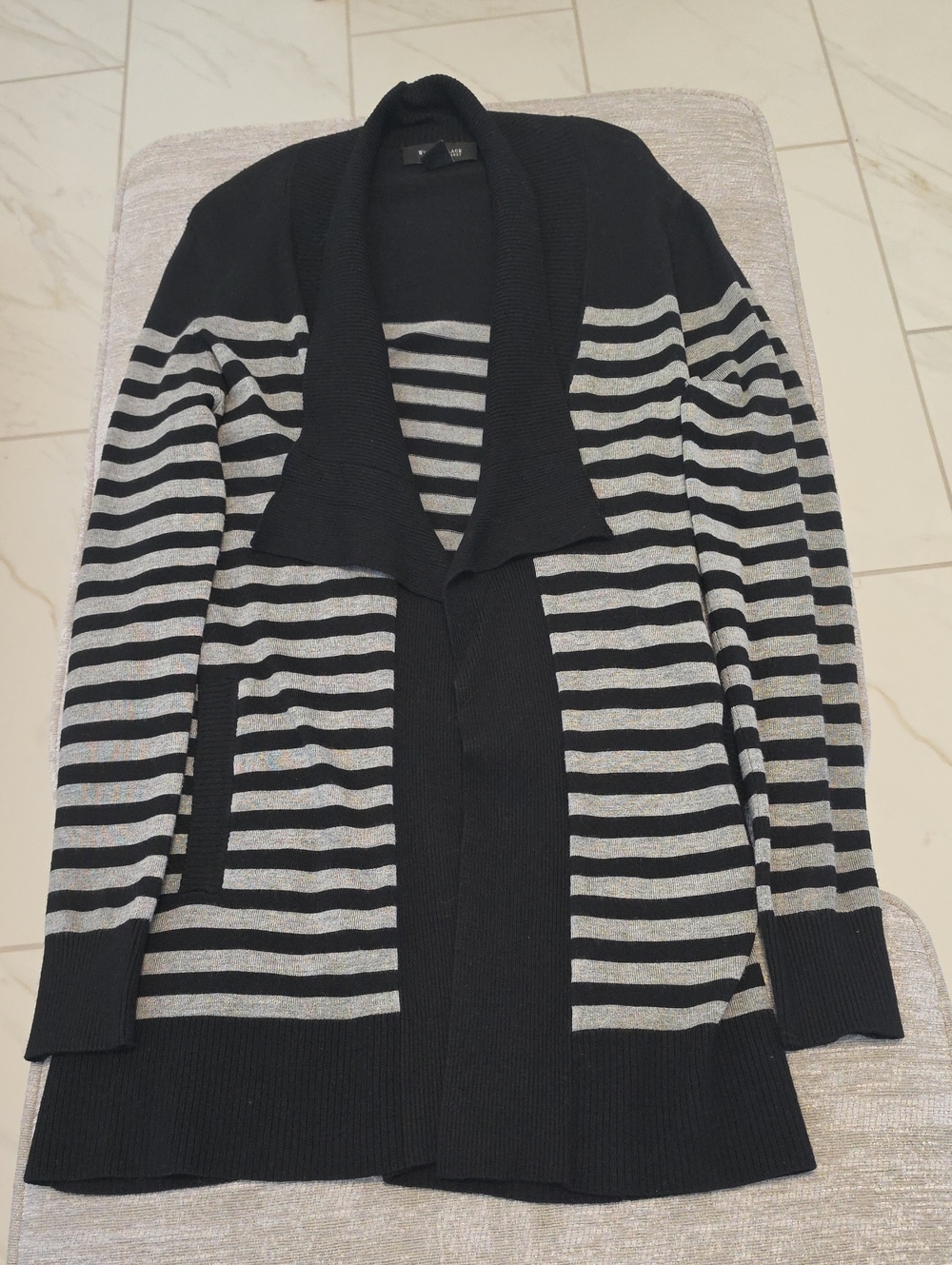 Stripe Open-Front Mid Length Cardigan Sweater in Black and Gray Never Worn